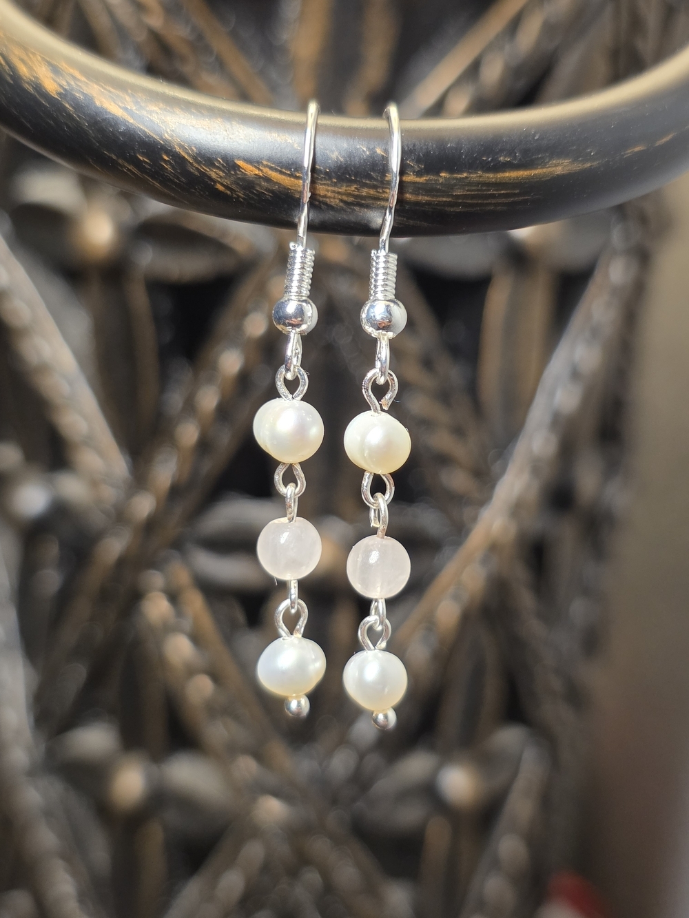 Natural Freshwater Pearl, Pink Quartz, Sterling Silver Drop Earrings